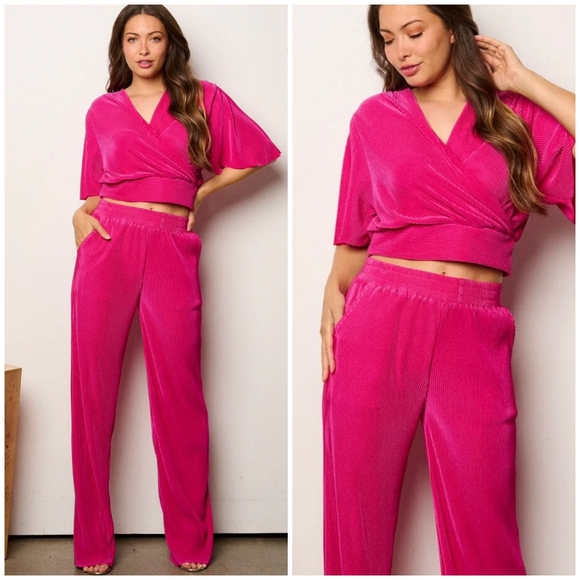 Ellison Pants - Ellison Hot Pink Wrap Crop Top & Wide-Leg Pants Set